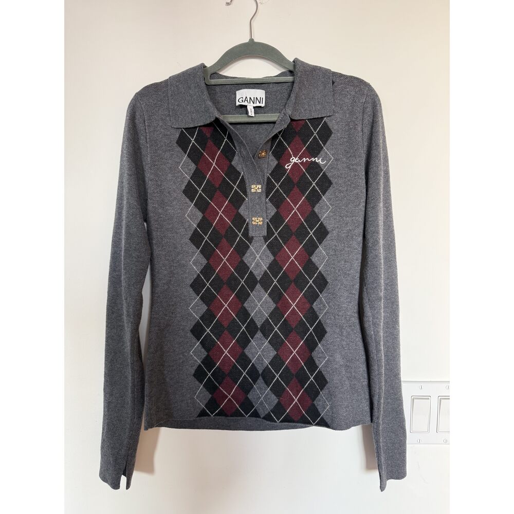 GANNI Grey Argyle Sweater L